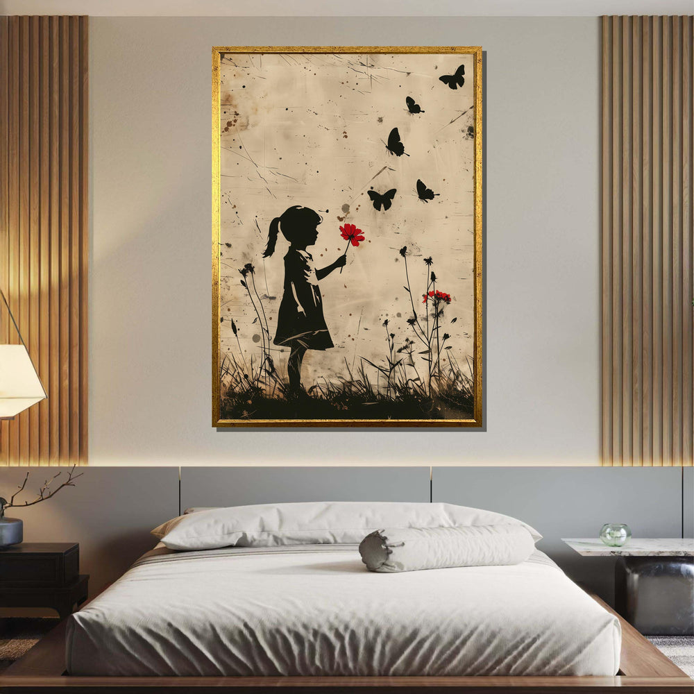 Child with Red Flower Canvas, Child Art, Minimalist Silhouette Art, Nostalgic Wall Art, Girl and Butterflies Print, Ready to Hang Canvas
