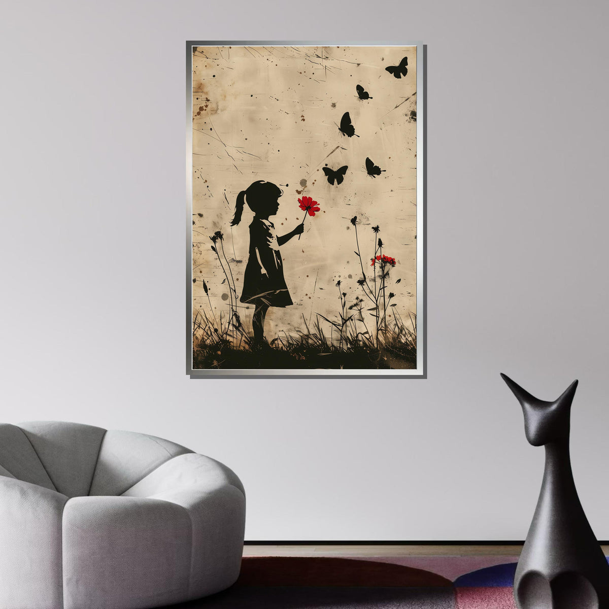 Child with Red Flower Canvas, Child Art, Minimalist Silhouette Art, Nostalgic Wall Art, Girl and Butterflies Print, Ready to Hang Canvas