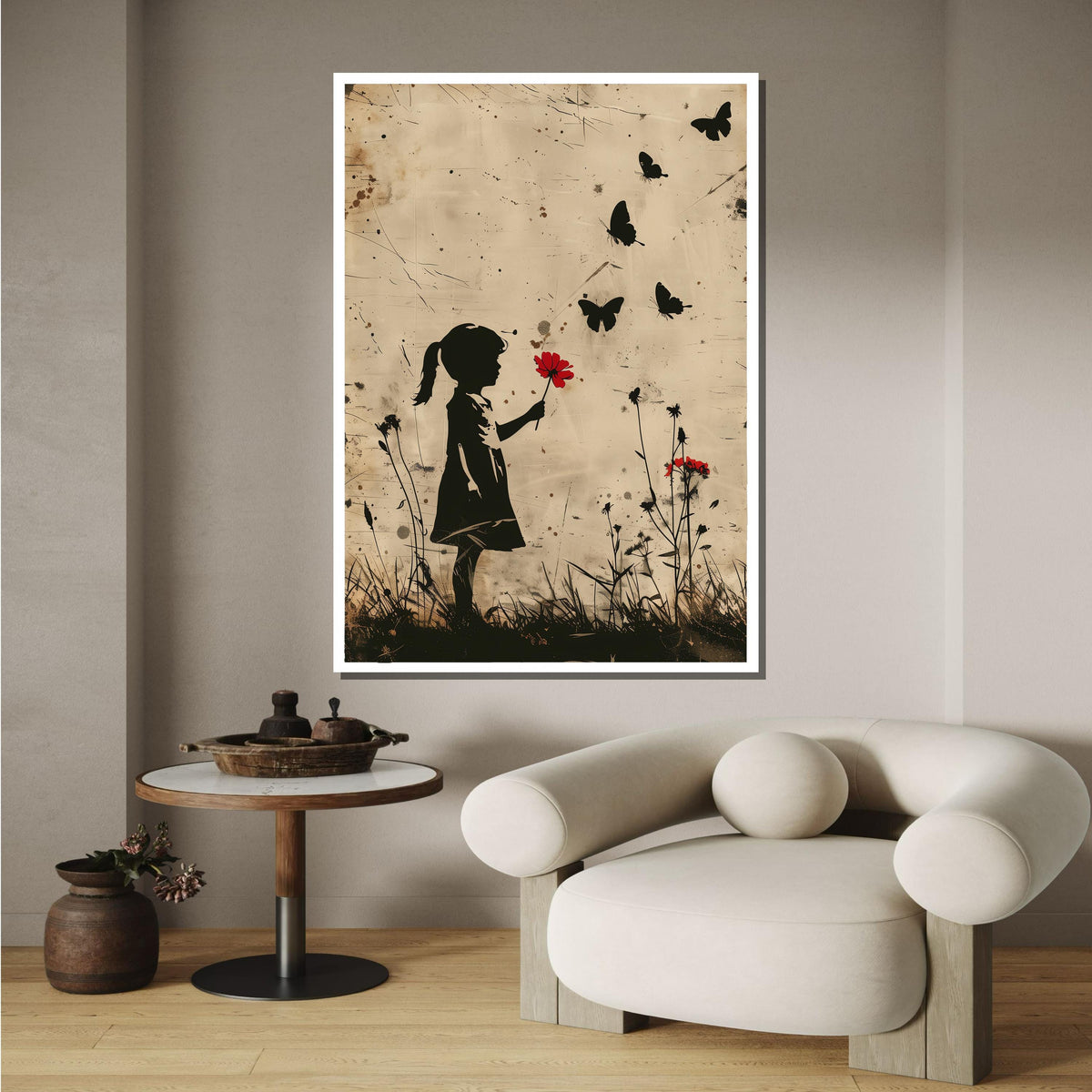 Child with Red Flower Canvas, Child Art, Minimalist Silhouette Art, Nostalgic Wall Art, Girl and Butterflies Print, Ready to Hang Canvas