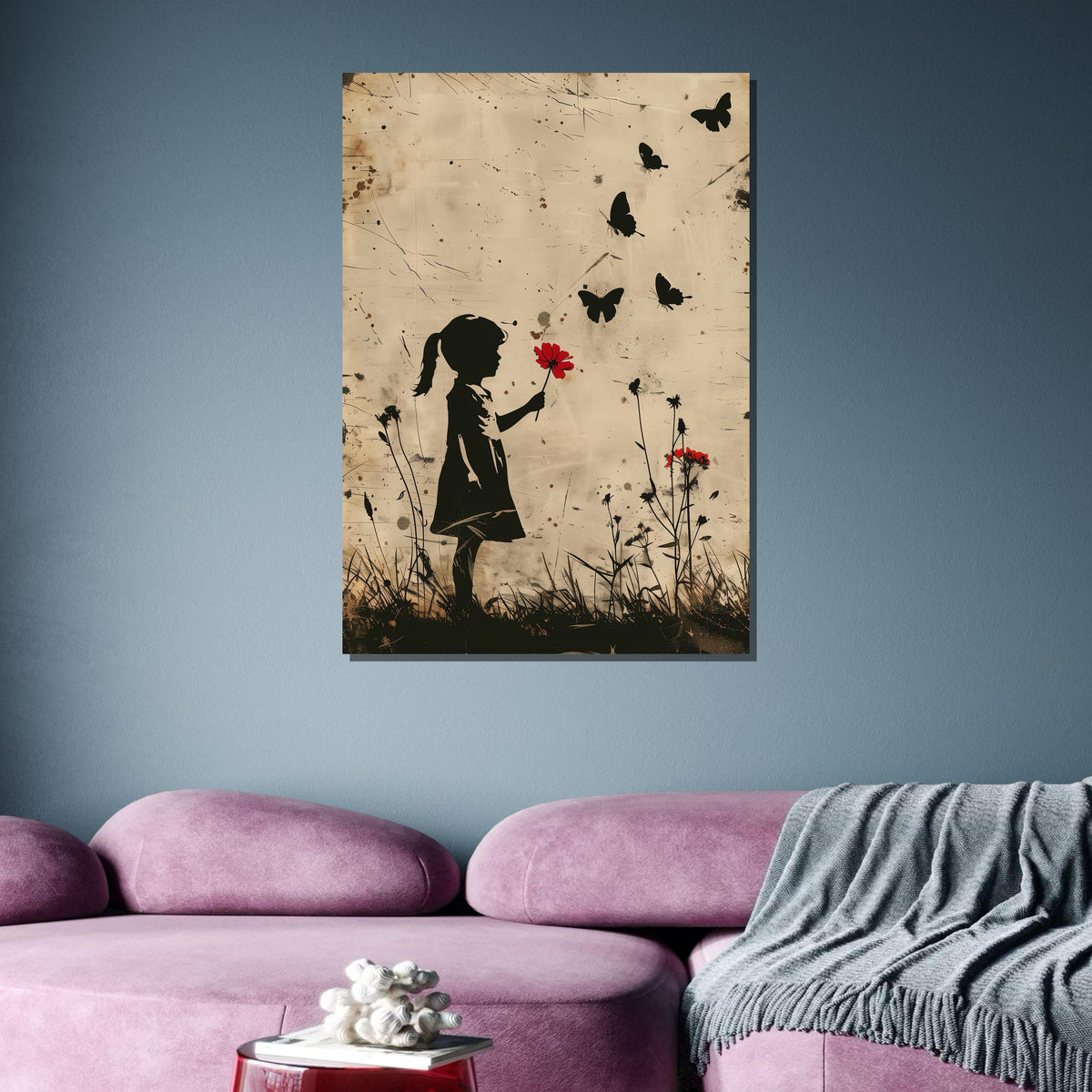 Child with Red Flower Canvas, Child Art, Minimalist Silhouette Art, Nostalgic Wall Art, Girl and Butterflies Print, Ready to Hang Canvas