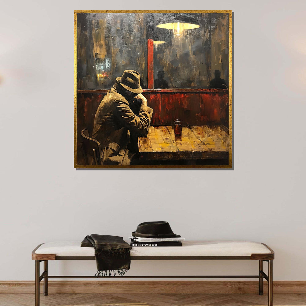 Lonely Night in Cafe Canvas, Vintage Noir Wall Art, Moody Man in Hat Painting, Retro Urban Bar Scene, Ready to Hang Canvas, Large Art