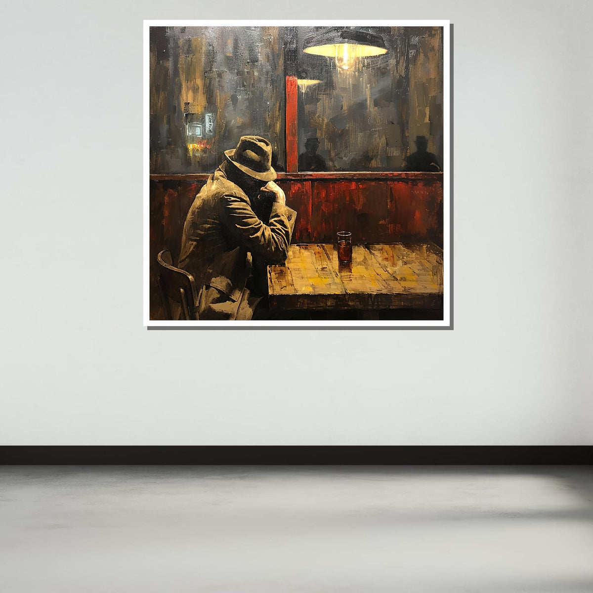 Lonely Night in Cafe Canvas, Vintage Noir Wall Art, Moody Man in Hat Painting, Retro Urban Bar Scene, Ready to Hang Canvas, Large Art