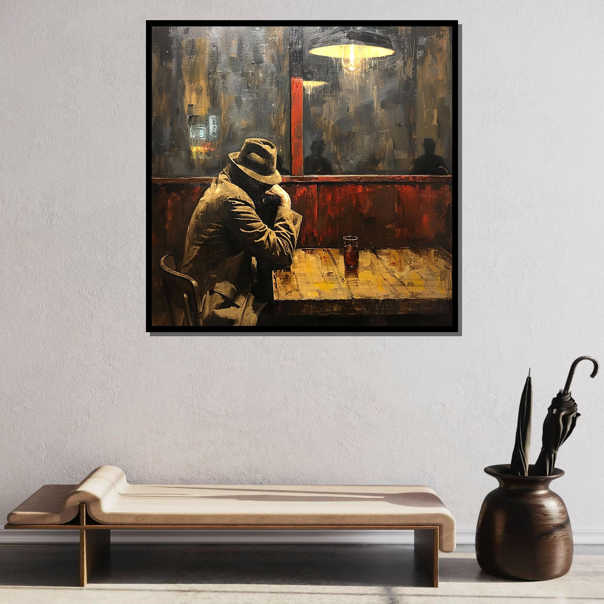 Lonely Night in Cafe Canvas, Vintage Noir Wall Art, Moody Man in Hat Painting, Retro Urban Bar Scene, Ready to Hang Canvas, Large Art