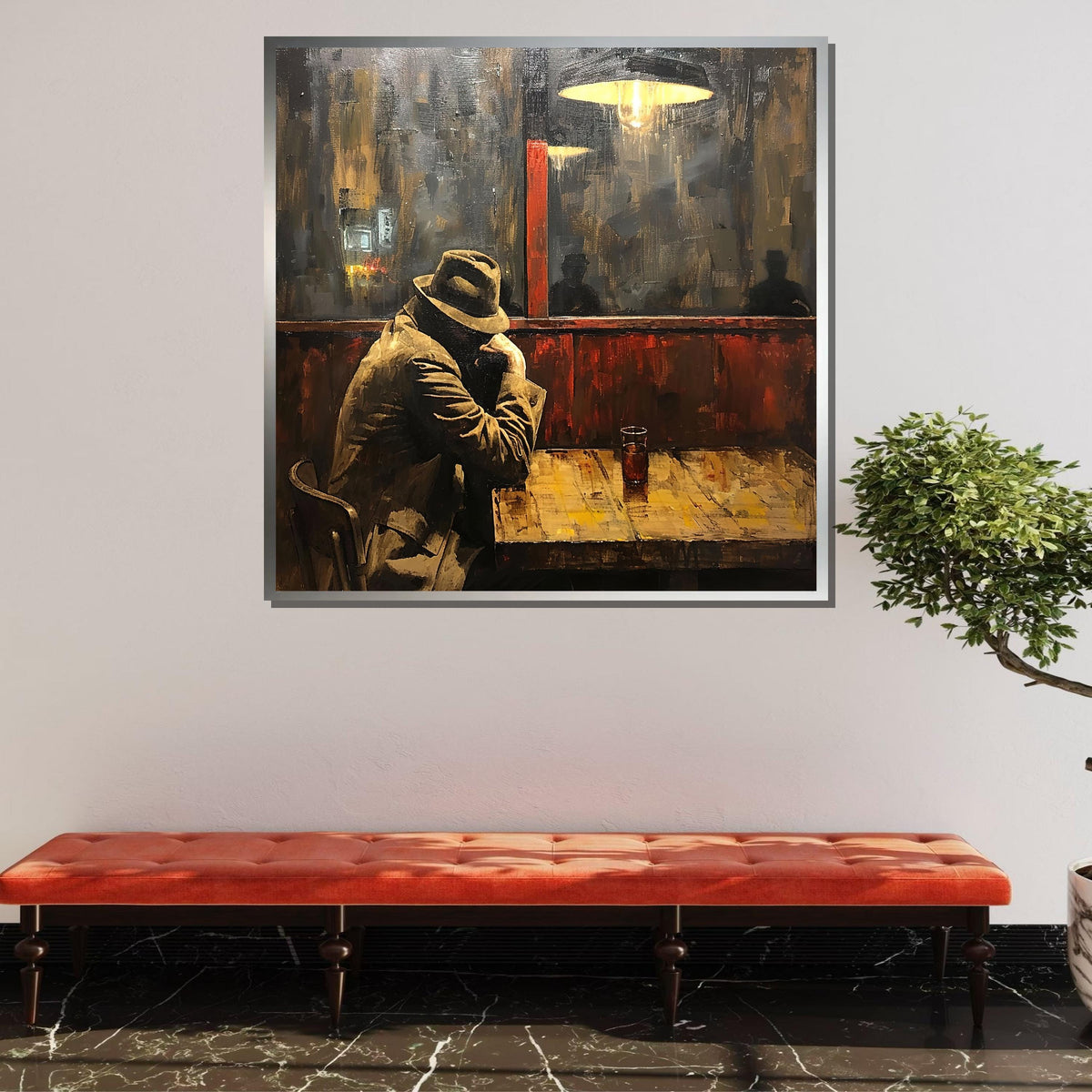 Lonely Night in Cafe Canvas, Vintage Noir Wall Art, Moody Man in Hat Painting, Retro Urban Bar Scene, Ready to Hang Canvas, Large Art