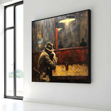 Lonely Night in Cafe Canvas, Vintage Noir Wall Art, Moody Man in Hat Painting, Retro Urban Bar Scene, Ready to Hang Canvas, Large Art