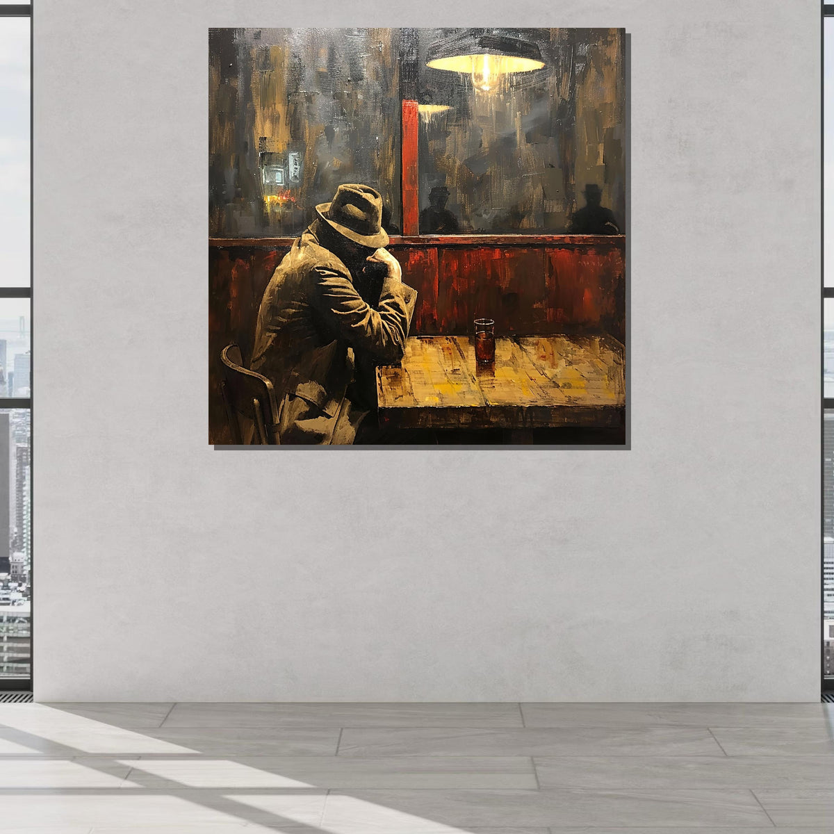 Lonely Night in Cafe Canvas, Vintage Noir Wall Art, Moody Man in Hat Painting, Retro Urban Bar Scene, Ready to Hang Canvas, Large Art