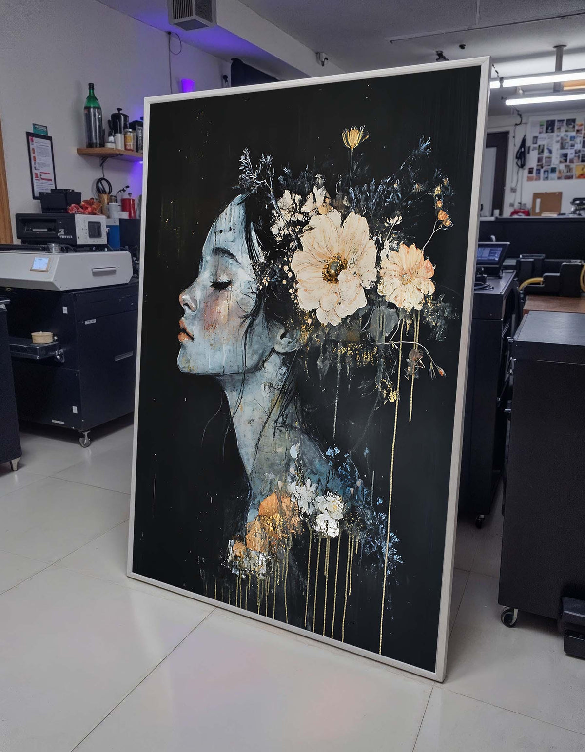 Dreamy Floral Woman Canvas, Flower Art,Ethereal Portrait with Flowers,Abstract Feminine Wall Art,Dark and Elegant Decor,Ready to Hang Canvas