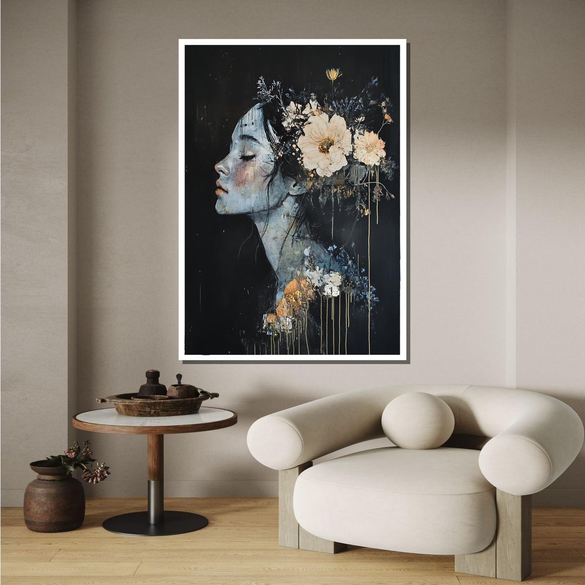 Dreamy Floral Woman Canvas, Flower Art,Ethereal Portrait with Flowers,Abstract Feminine Wall Art,Dark and Elegant Decor,Ready to Hang Canvas