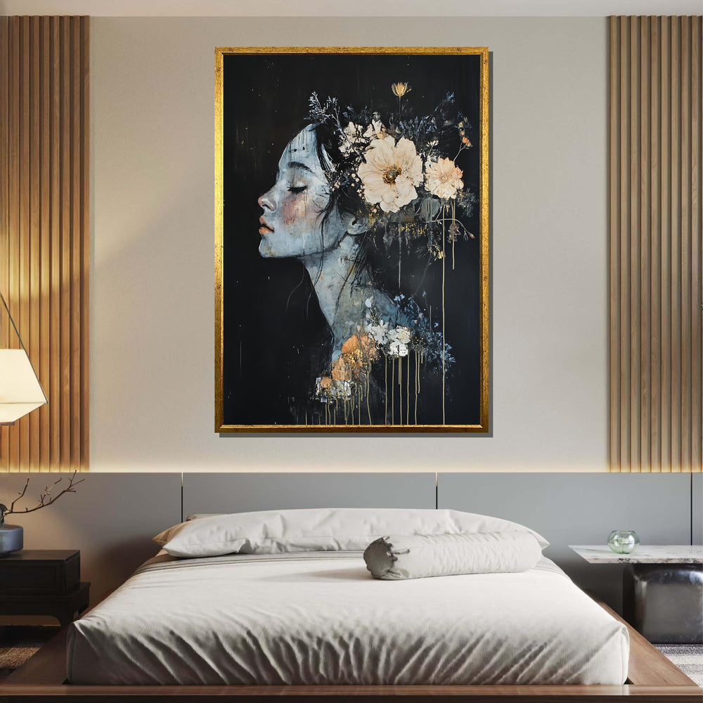 Dreamy Floral Woman Canvas, Flower Art,Ethereal Portrait with Flowers,Abstract Feminine Wall Art,Dark and Elegant Decor,Ready to Hang Canvas