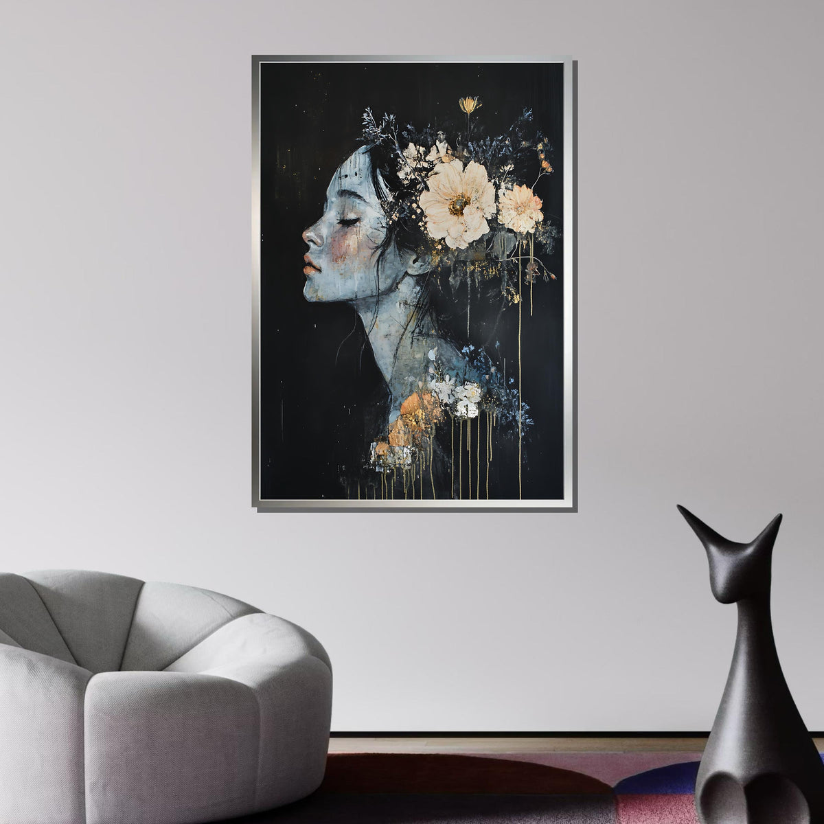 Dreamy Floral Woman Canvas, Flower Art,Ethereal Portrait with Flowers,Abstract Feminine Wall Art,Dark and Elegant Decor,Ready to Hang Canvas