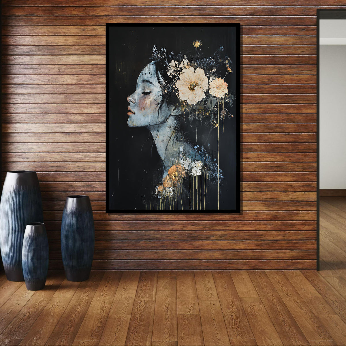 Dreamy Floral Woman Canvas, Flower Art,Ethereal Portrait with Flowers,Abstract Feminine Wall Art,Dark and Elegant Decor,Ready to Hang Canvas