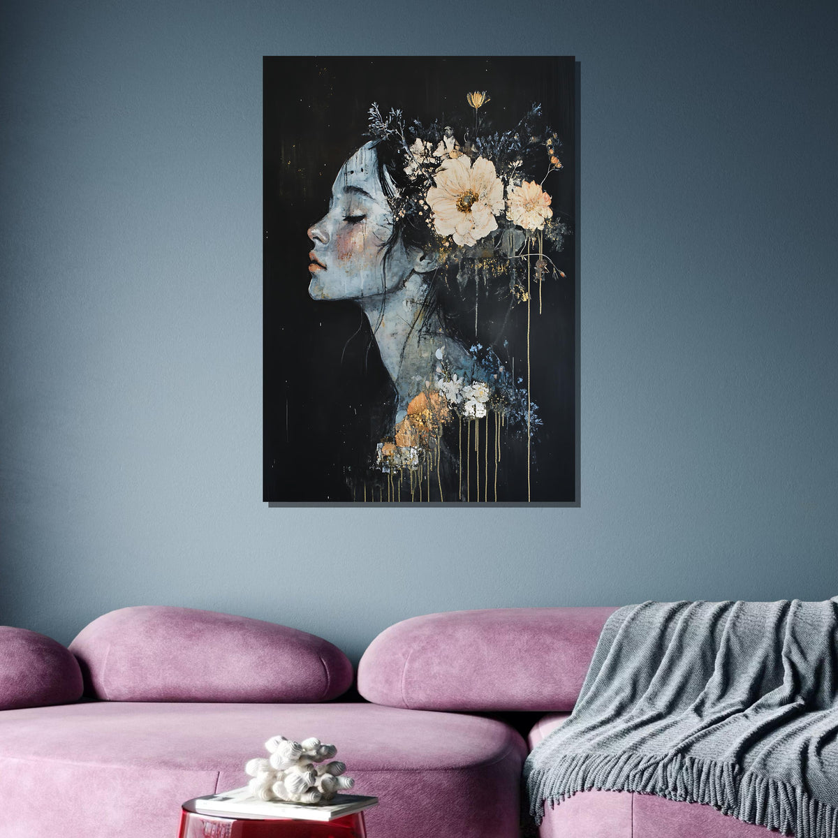 Dreamy Floral Woman Canvas, Flower Art,Ethereal Portrait with Flowers,Abstract Feminine Wall Art,Dark and Elegant Decor,Ready to Hang Canvas