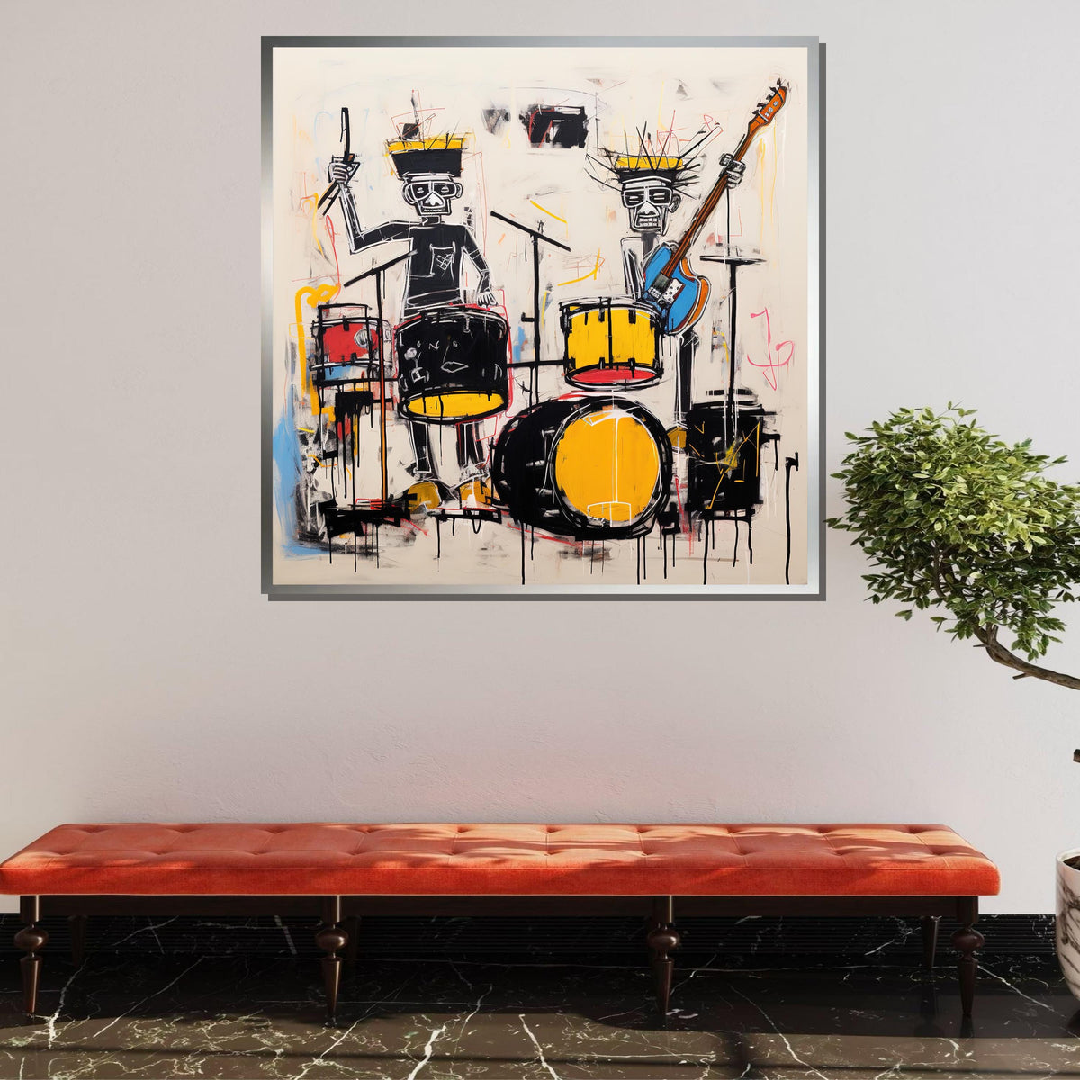 Abstract Band Canvas, Drummer and Guitarist Graffiti Art, Urban Music Wall Art,Vibrant Street Art Style Decor,Ready to Hang Canvas,Large Art