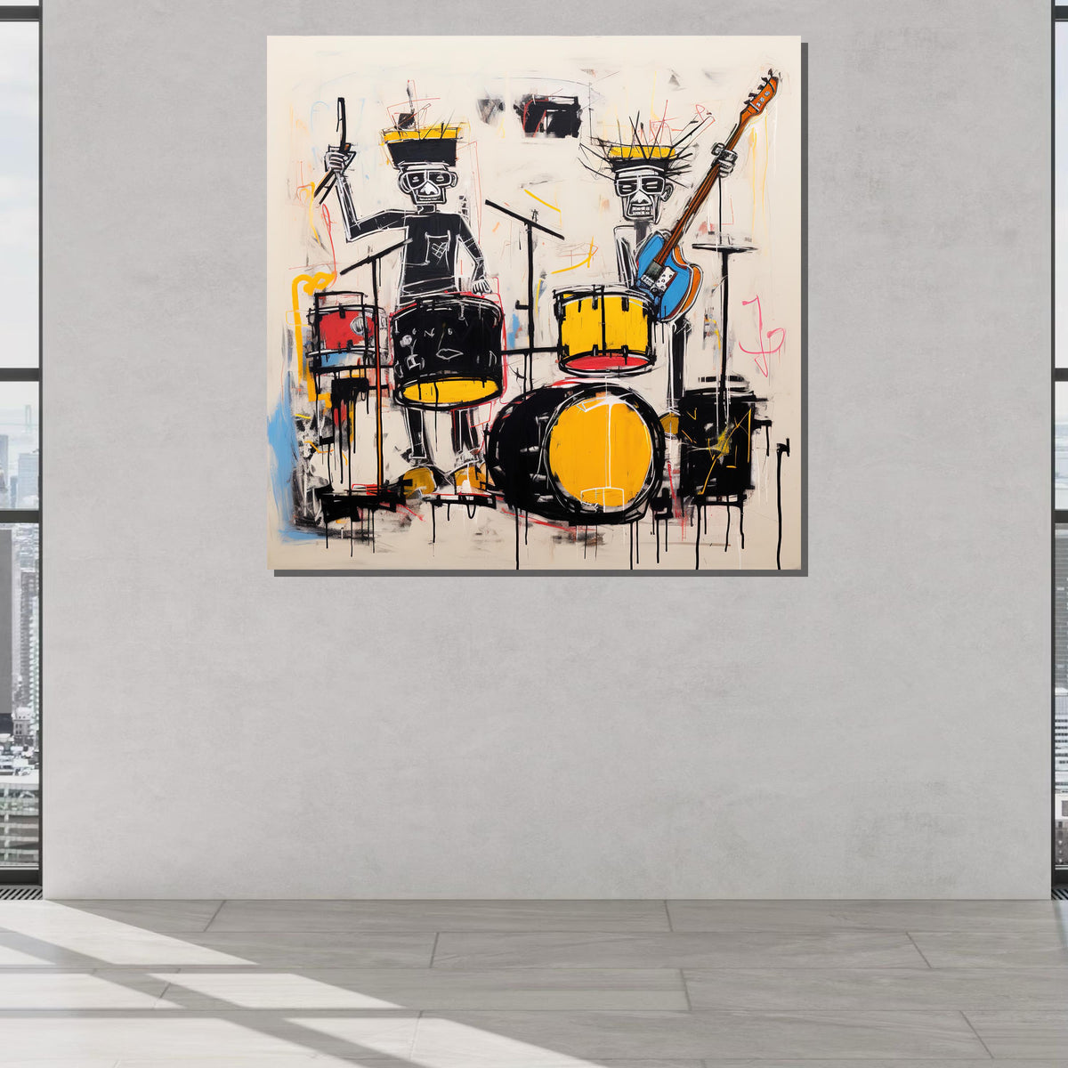 Abstract Band Canvas, Drummer and Guitarist Graffiti Art, Urban Music Wall Art,Vibrant Street Art Style Decor,Ready to Hang Canvas,Large Art