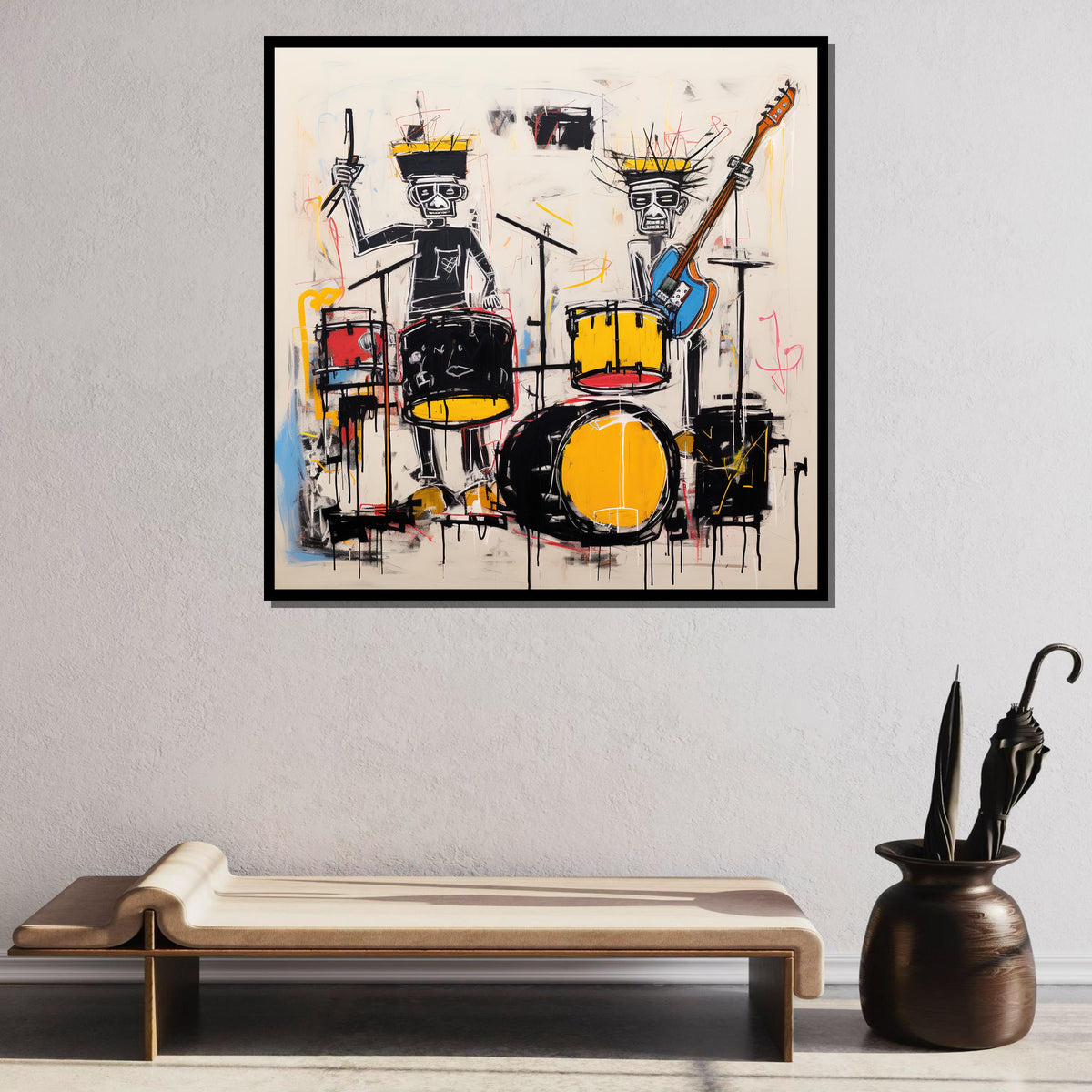 Abstract Band Canvas, Drummer and Guitarist Graffiti Art, Urban Music Wall Art,Vibrant Street Art Style Decor,Ready to Hang Canvas,Large Art