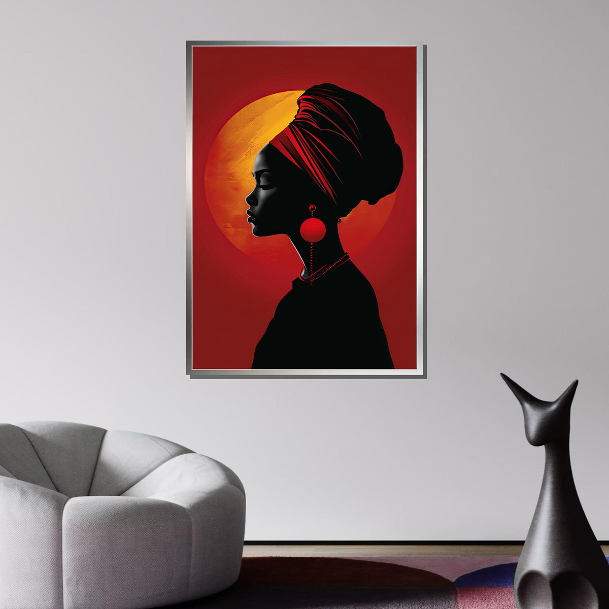Elegant African Woman Silhouette Canvas, Red Sunset Portrait Art, Afrocentric Wall Decor, Modern Tribal Art Print, Ready to Hang Canvas