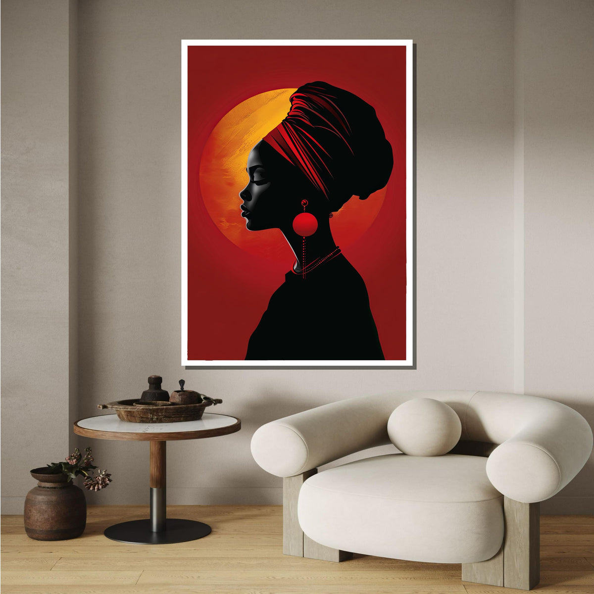 Elegant African Woman Silhouette Canvas, Red Sunset Portrait Art, Afrocentric Wall Decor, Modern Tribal Art Print, Ready to Hang Canvas