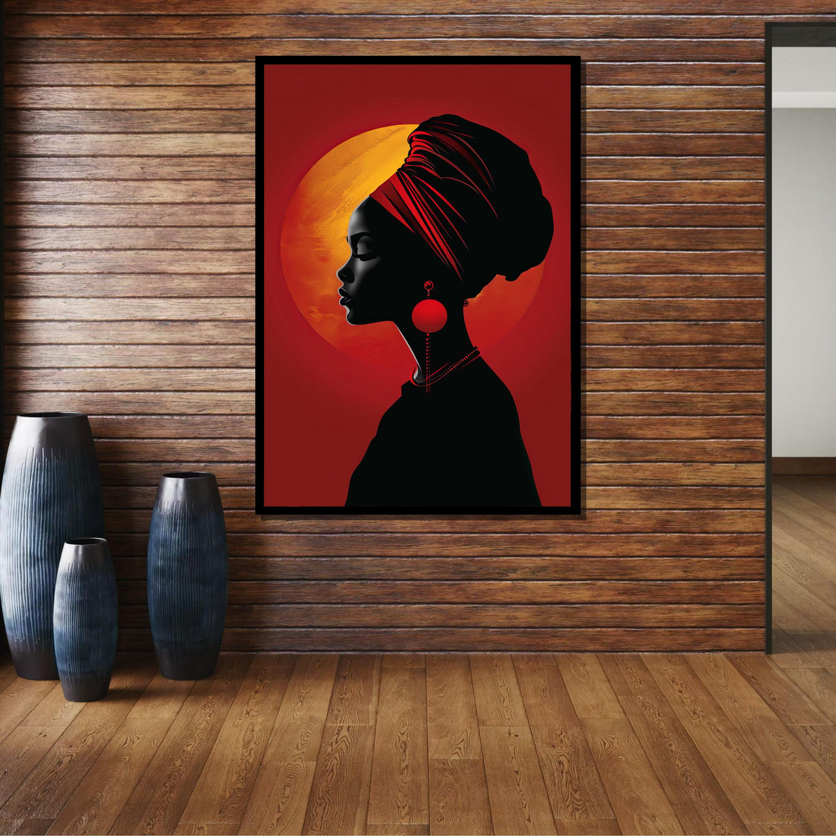 Elegant African Woman Silhouette Canvas, Red Sunset Portrait Art, Afrocentric Wall Decor, Modern Tribal Art Print, Ready to Hang Canvas