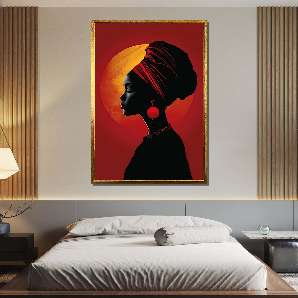 Elegant African Woman Silhouette Canvas, Red Sunset Portrait Art, Afrocentric Wall Decor, Modern Tribal Art Print, Ready to Hang Canvas
