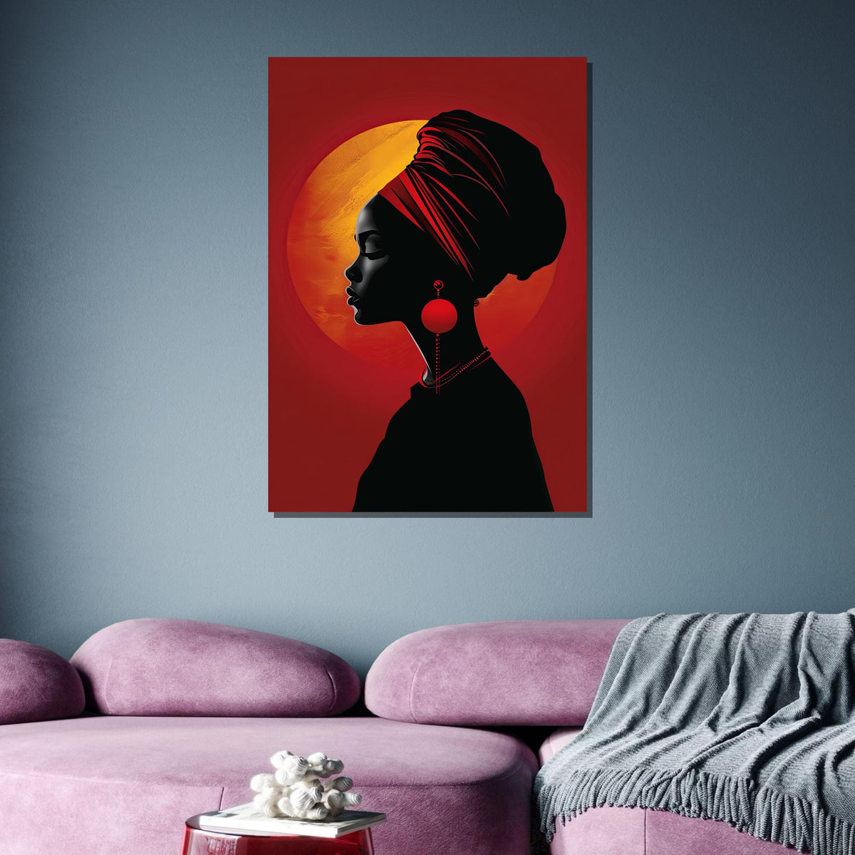 Elegant African Woman Silhouette Canvas, Red Sunset Portrait Art, Afrocentric Wall Decor, Modern Tribal Art Print, Ready to Hang Canvas