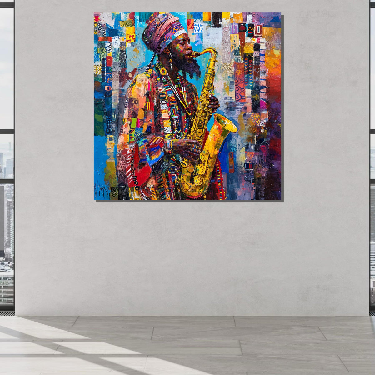 Vibrant Saxophone Player Canvas, Afrocentric Jazz Music Art, Colorful Musician Portrait, Jazz Art Wall Decor, Ready to Hang Canvas