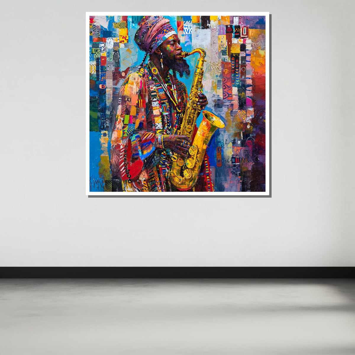 Vibrant Saxophone Player Canvas, Afrocentric Jazz Music Art, Colorful Musician Portrait, Jazz Art Wall Decor, Ready to Hang Canvas