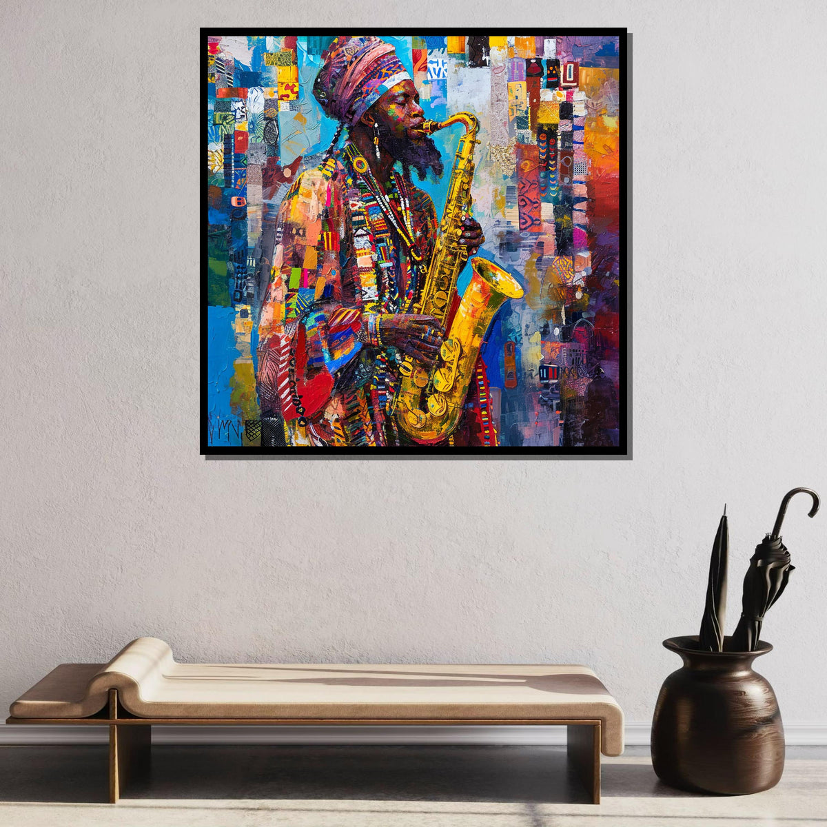 Vibrant Saxophone Player Canvas, Afrocentric Jazz Music Art, Colorful Musician Portrait, Jazz Art Wall Decor, Ready to Hang Canvas
