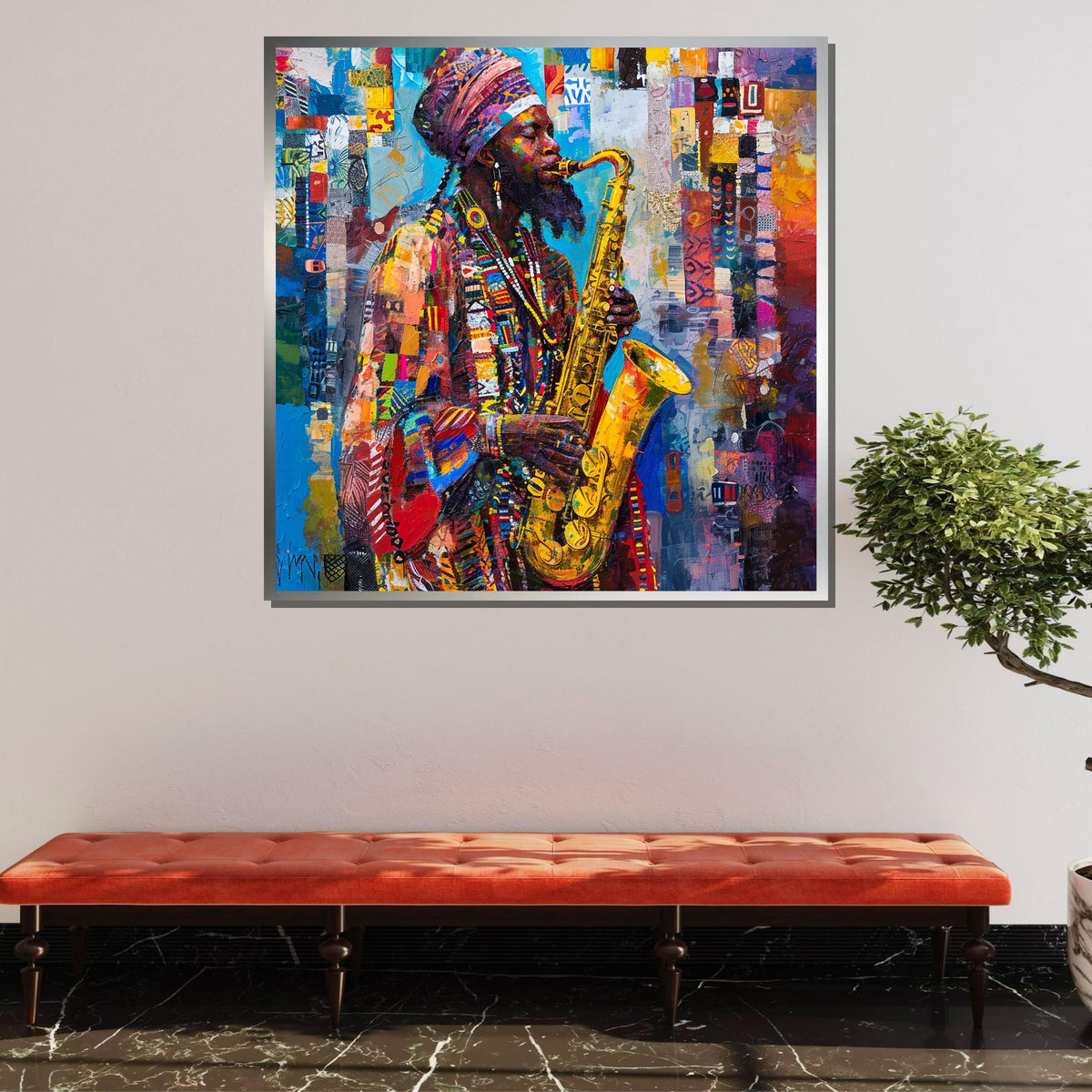 Vibrant Saxophone Player Canvas, Afrocentric Jazz Music Art, Colorful Musician Portrait, Jazz Art Wall Decor, Ready to Hang Canvas
