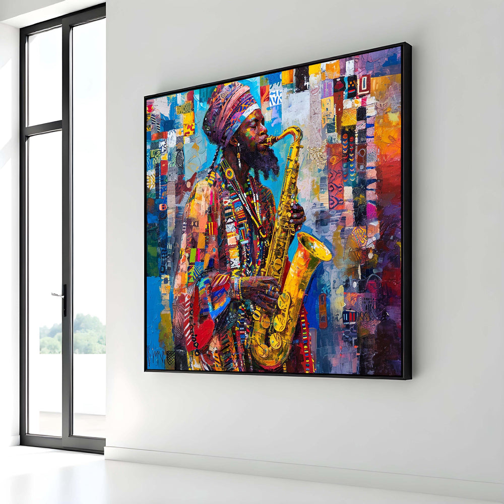 Vibrant Saxophone Player Canvas, Afrocentric Jazz Music Art, Colorful Musician Portrait, Jazz Art Wall Decor, Ready to Hang Canvas