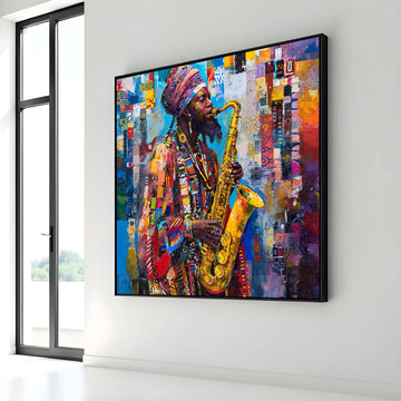 Vibrant Saxophone Player Canvas, Afrocentric Jazz Music Art, Colorful Musician Portrait, Jazz Art Wall Decor, Ready to Hang Canvas