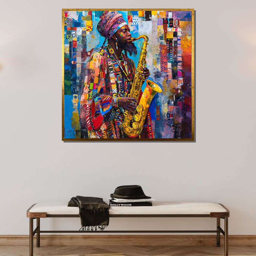 Vibrant Saxophone Player Canvas, Afrocentric Jazz Music Art, Colorful Musician Portrait, Jazz Art Wall Decor, Ready to Hang Canvas