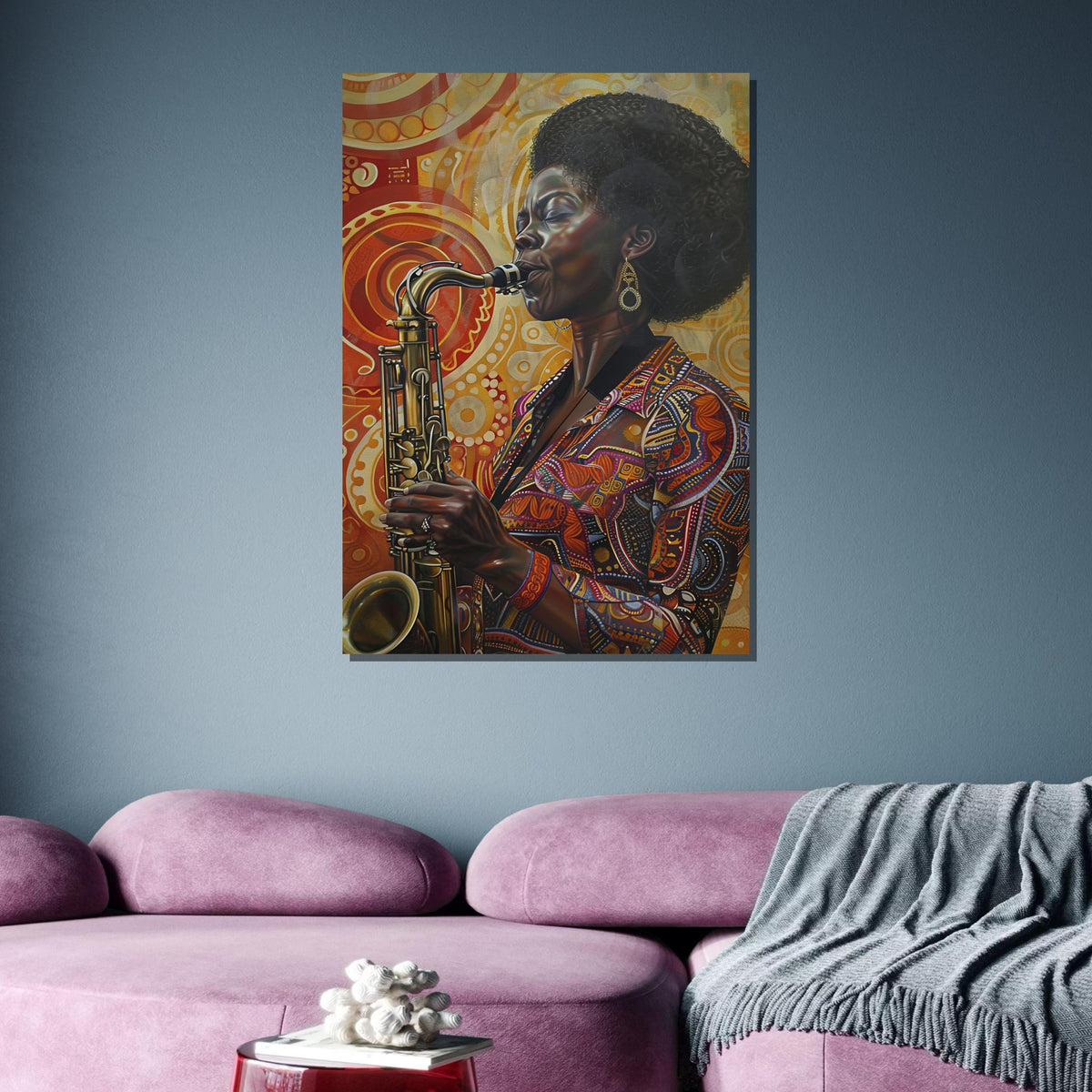 Soulful Saxophone Woman Canvas, Vibrant Jazz Art Portrait, Afrocentric Music Wall Art, Colorful Musician Decor, Ready to Hang Canvas