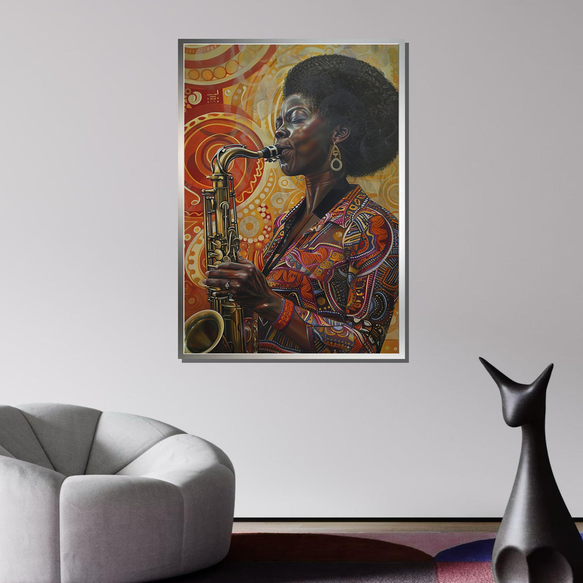 Soulful Saxophone Woman Canvas, Vibrant Jazz Art Portrait, Afrocentric Music Wall Art, Colorful Musician Decor, Ready to Hang Canvas
