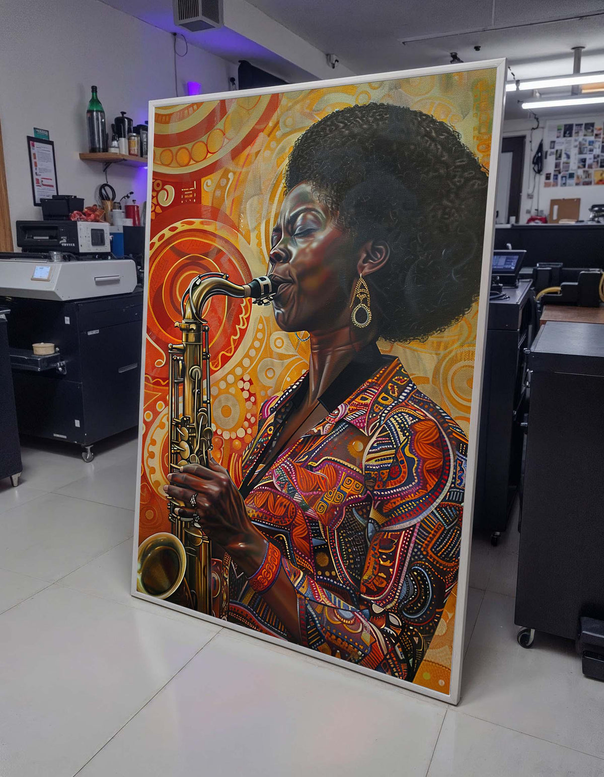 Soulful Saxophone Woman Canvas, Vibrant Jazz Art Portrait, Afrocentric Music Wall Art, Colorful Musician Decor, Ready to Hang Canvas