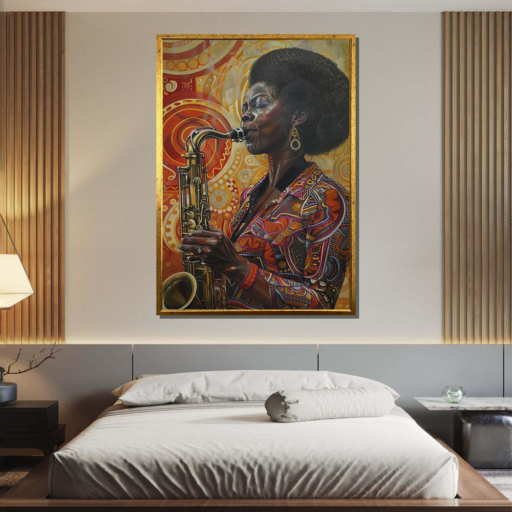 Soulful Saxophone Woman Canvas, Vibrant Jazz Art Portrait, Afrocentric Music Wall Art, Colorful Musician Decor, Ready to Hang Canvas