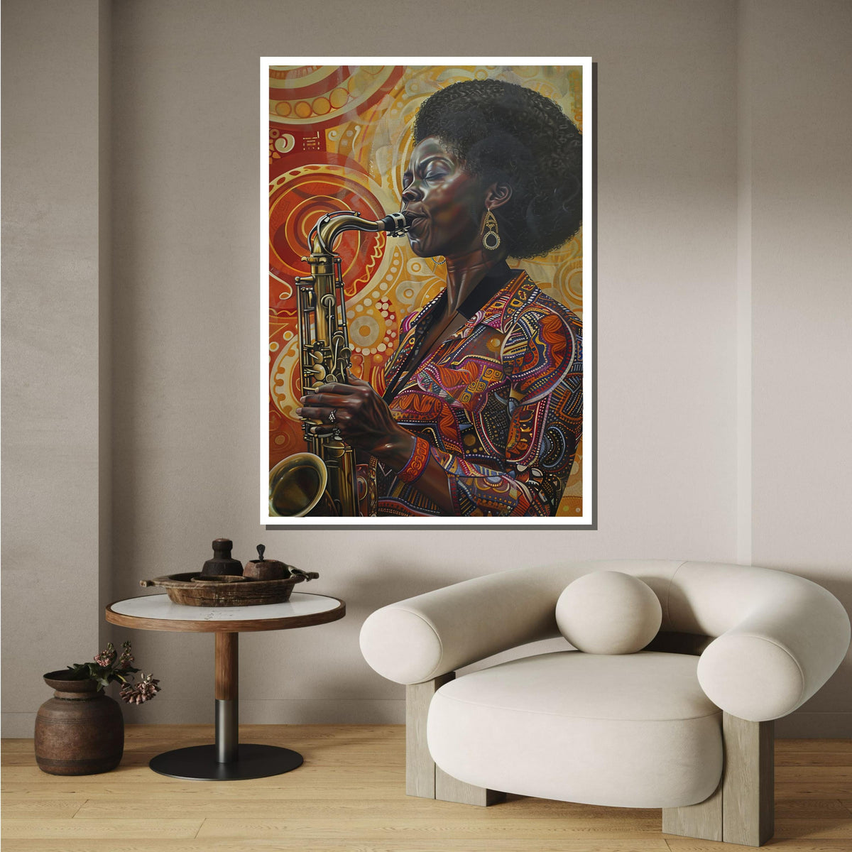 Soulful Saxophone Woman Canvas, Vibrant Jazz Art Portrait, Afrocentric Music Wall Art, Colorful Musician Decor, Ready to Hang Canvas