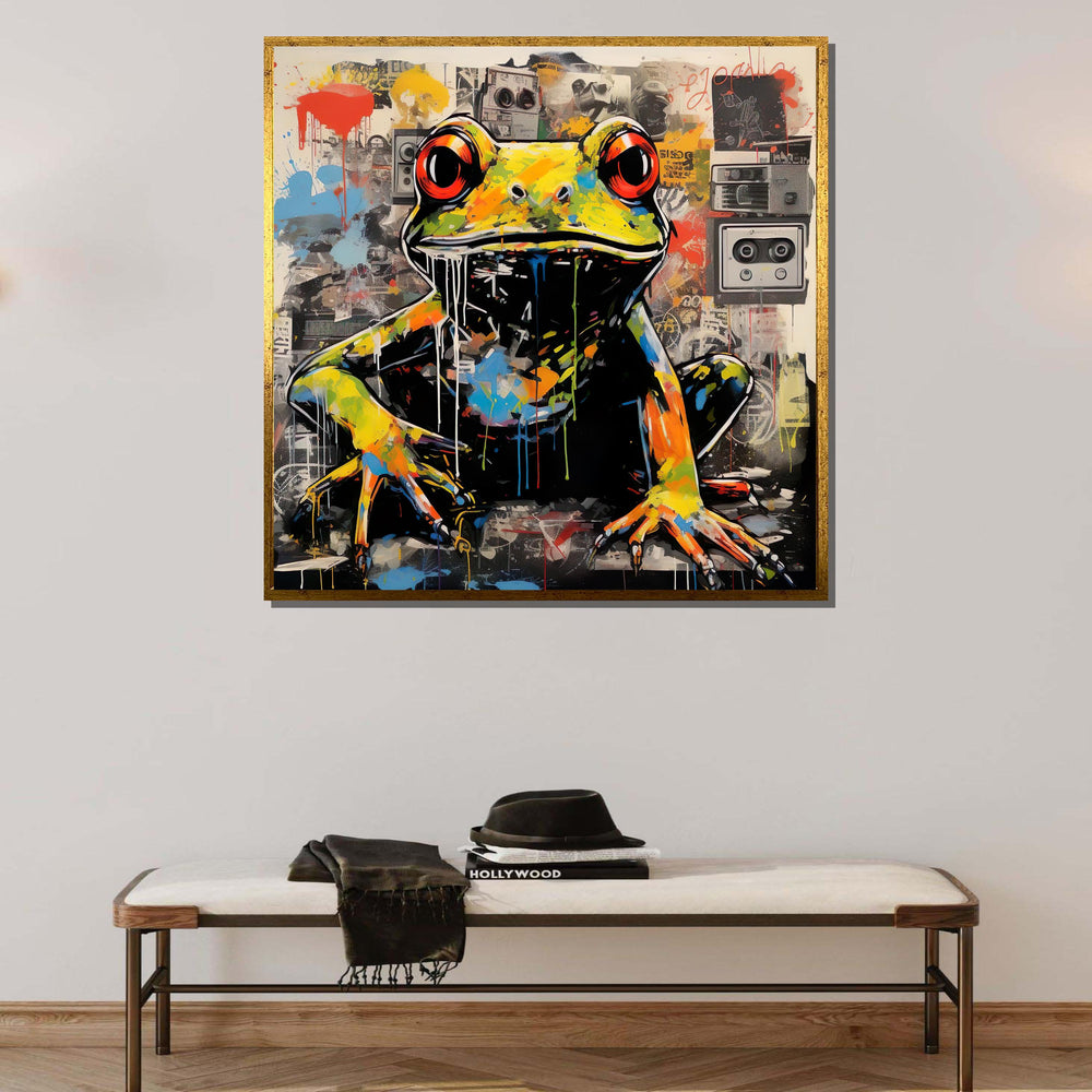 Graffiti Frog Canvas Art, Vibrant Urban Frog Painting, Street Style Animal Wall Decor, Pop Art Amphibian Print, Ready to Hang Canvas