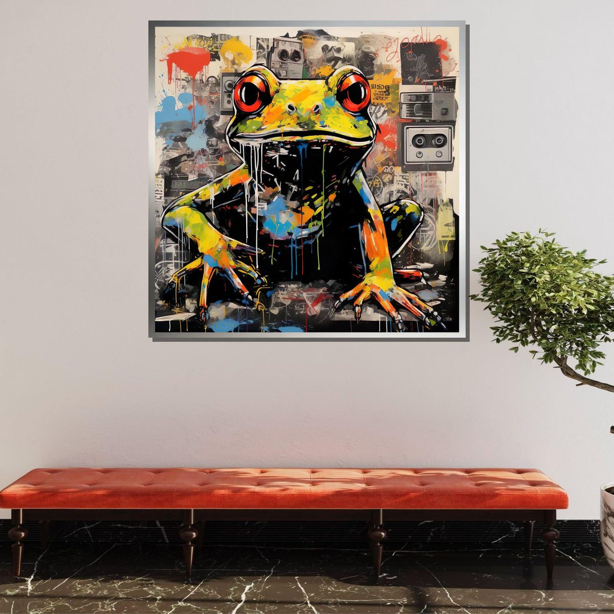Graffiti Frog Canvas Art, Vibrant Urban Frog Painting, Street Style Animal Wall Decor, Pop Art Amphibian Print, Ready to Hang Canvas