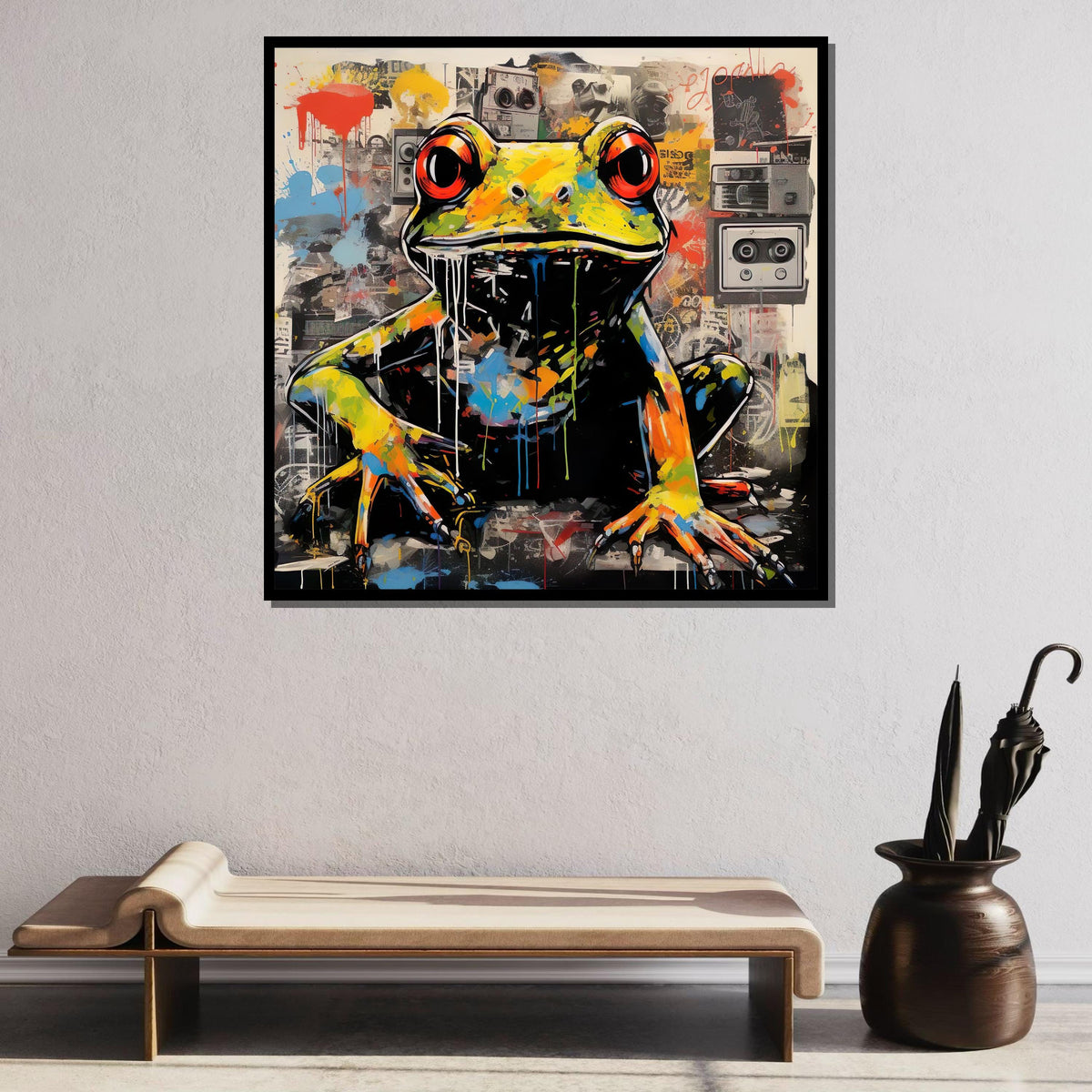 Graffiti Frog Canvas Art, Vibrant Urban Frog Painting, Street Style Animal Wall Decor, Pop Art Amphibian Print, Ready to Hang Canvas