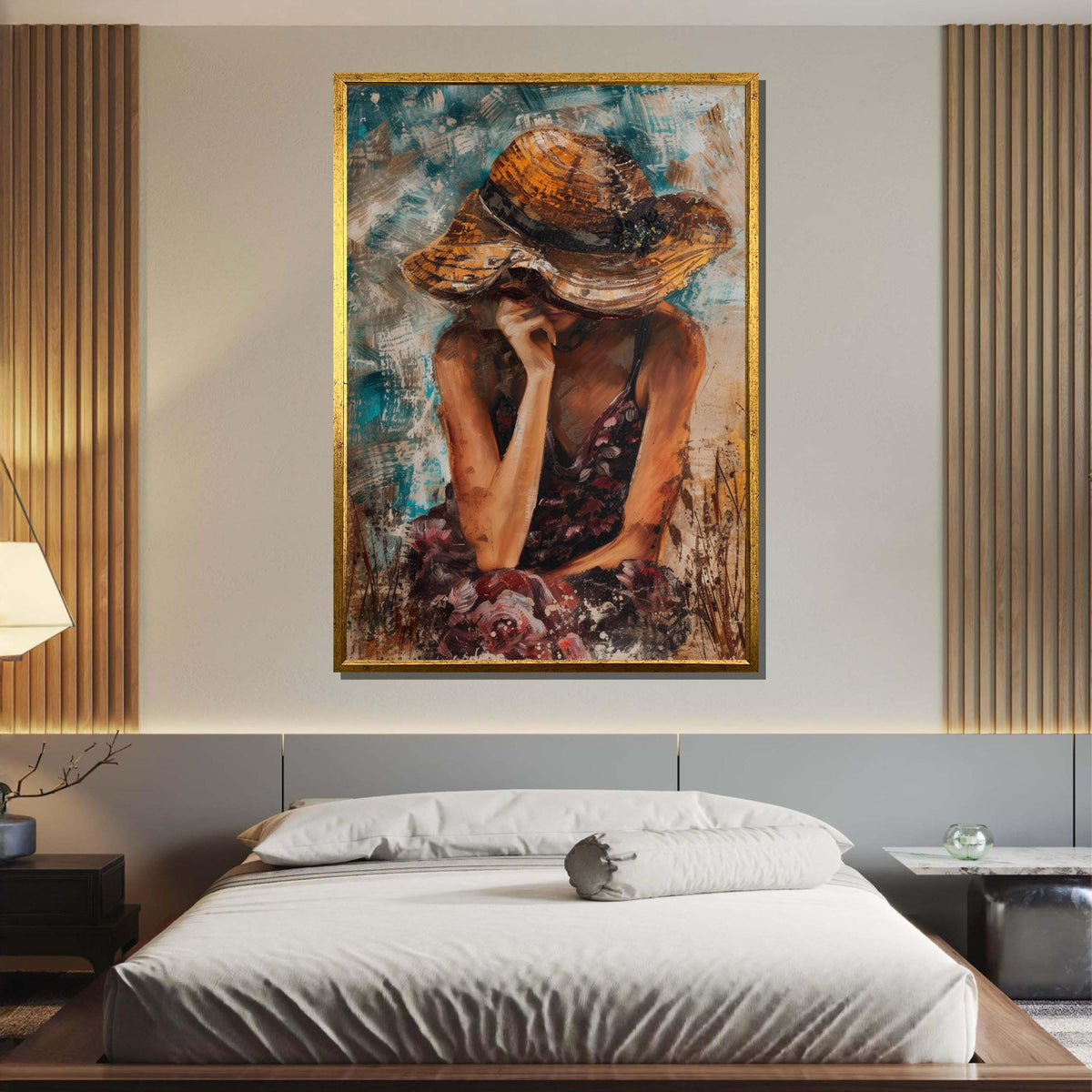 Woman in Sun Hat Canvas, Thoughtful Portrait Art, Summer Mood Painting, Quiet Reflection Wall Decor, Elegant Decor,Ready to Hang Canvas