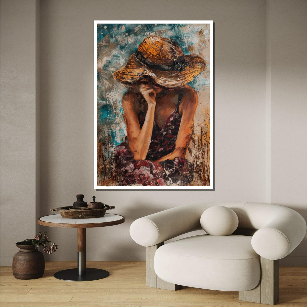 Woman in Sun Hat Canvas, Thoughtful Portrait Art, Summer Mood Painting, Quiet Reflection Wall Decor, Elegant Decor,Ready to Hang Canvas