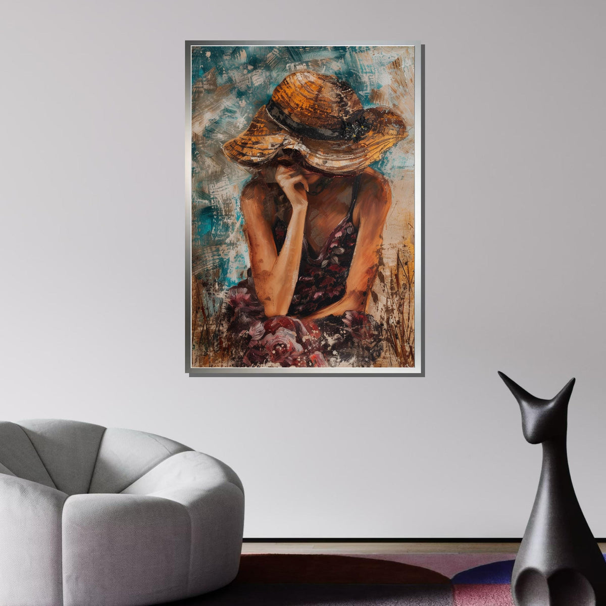 Woman in Sun Hat Canvas, Thoughtful Portrait Art, Summer Mood Painting, Quiet Reflection Wall Decor, Elegant Decor,Ready to Hang Canvas