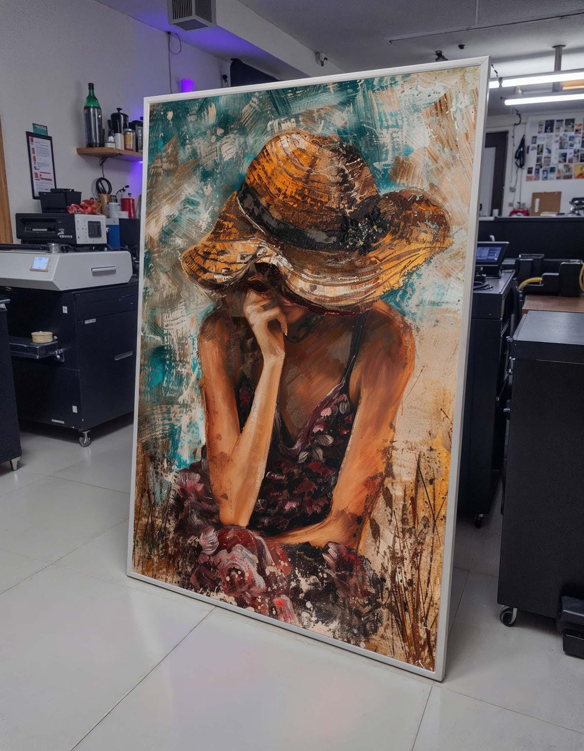 Woman in Sun Hat Canvas, Thoughtful Portrait Art, Summer Mood Painting, Quiet Reflection Wall Decor, Elegant Decor,Ready to Hang Canvas