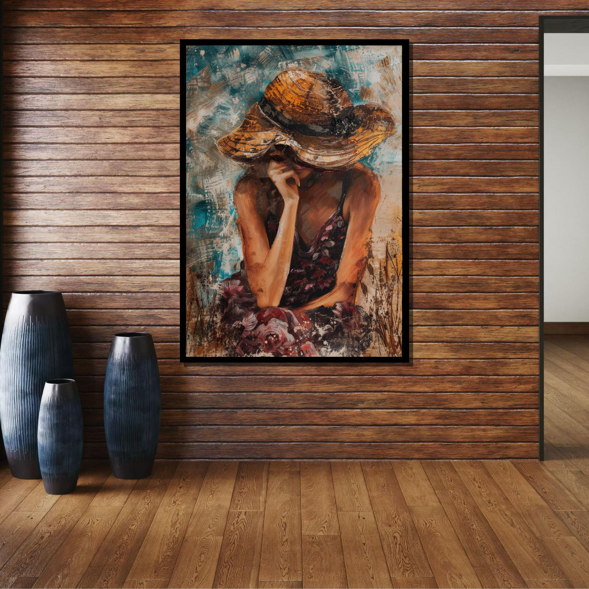 Woman in Sun Hat Canvas, Thoughtful Portrait Art, Summer Mood Painting, Quiet Reflection Wall Decor, Elegant Decor,Ready to Hang Canvas