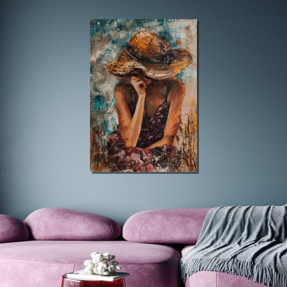 Woman in Sun Hat Canvas, Thoughtful Portrait Art, Summer Mood Painting, Quiet Reflection Wall Decor, Elegant Decor,Ready to Hang Canvas
