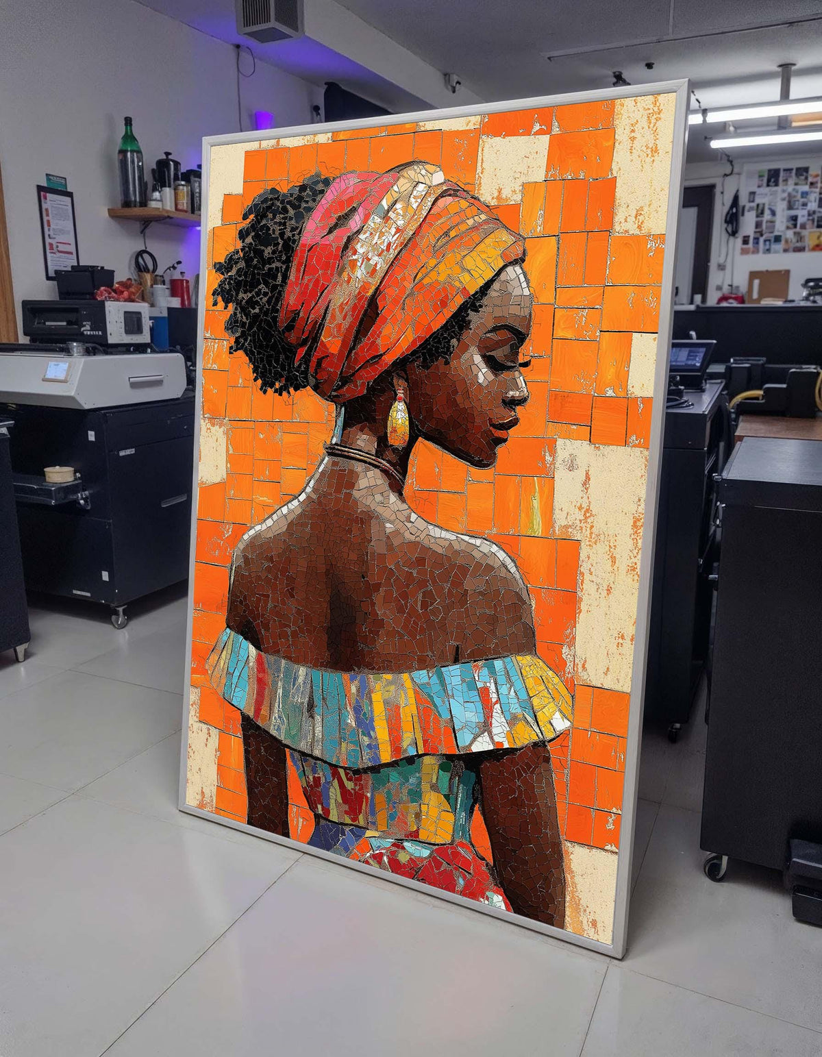African Mosaic Woman Wall Art, Vibrant Orange Portrait Canvas, Cultural Beauty Decor, Afrocentric Art Print, Afroamerica Art, Ready to Hang