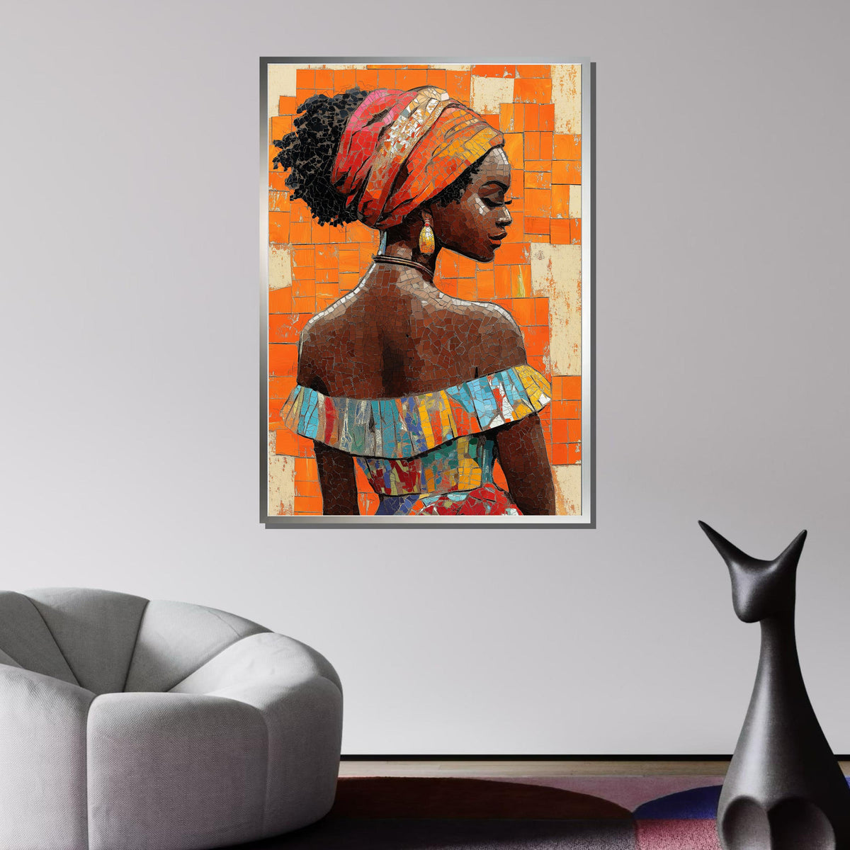 African Mosaic Woman Wall Art, Vibrant Orange Portrait Canvas, Cultural Beauty Decor, Afrocentric Art Print, Afroamerica Art, Ready to Hang