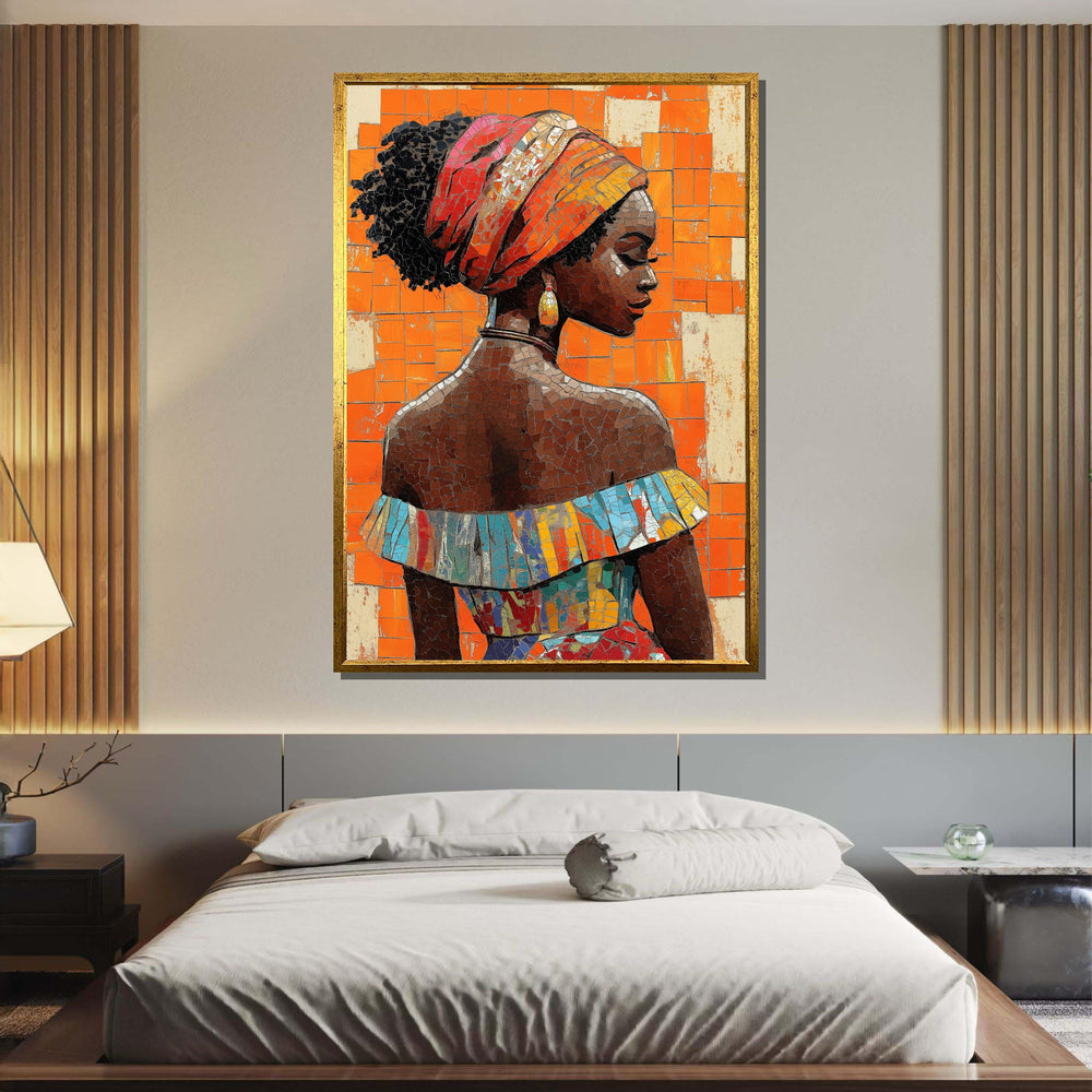 African Mosaic Woman Wall Art, Vibrant Orange Portrait Canvas, Cultural Beauty Decor, Afrocentric Art Print, Afroamerica Art, Ready to Hang
