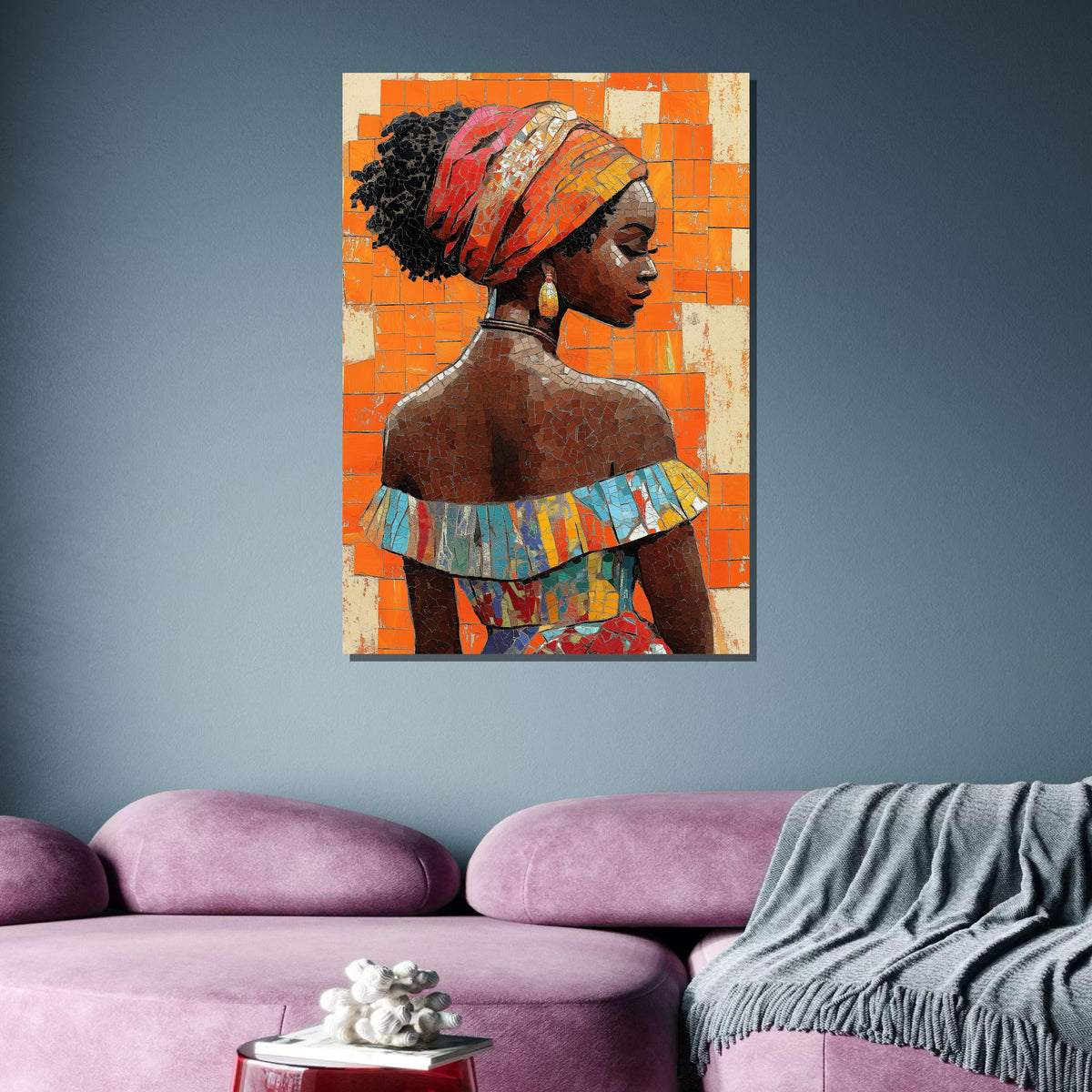 African Mosaic Woman Wall Art, Vibrant Orange Portrait Canvas, Cultural Beauty Decor, Afrocentric Art Print, Afroamerica Art, Ready to Hang