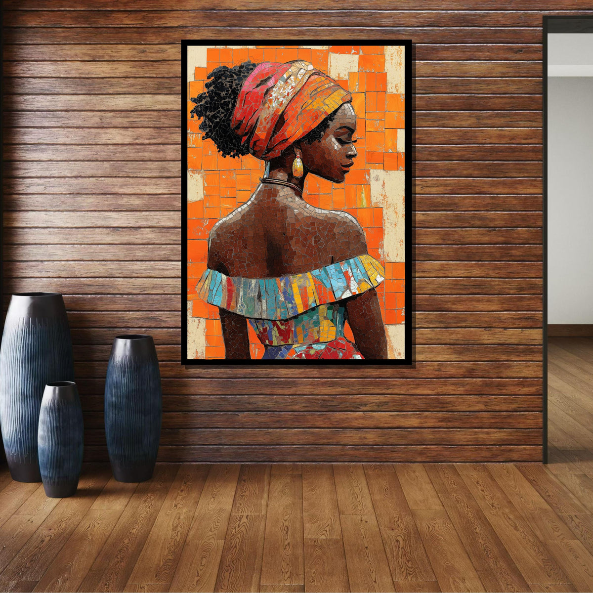 African Mosaic Woman Wall Art, Vibrant Orange Portrait Canvas, Cultural Beauty Decor, Afrocentric Art Print, Afroamerica Art, Ready to Hang